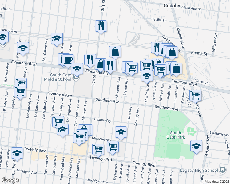 map of restaurants, bars, coffee shops, grocery stores, and more near 8973 Alexander Avenue in South Gate