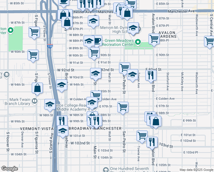 map of restaurants, bars, coffee shops, grocery stores, and more near 146 East 94th Street in Los Angeles