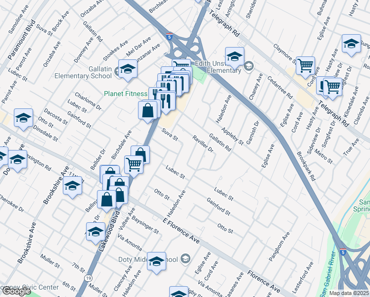 map of restaurants, bars, coffee shops, grocery stores, and more near 9610 Shellyfield Road in Downey