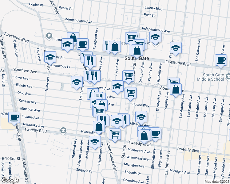 map of restaurants, bars, coffee shops, grocery stores, and more near 3140 Iowa Avenue in South Gate