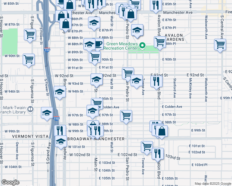 map of restaurants, bars, coffee shops, grocery stores, and more near 234 East 94th Street in Los Angeles