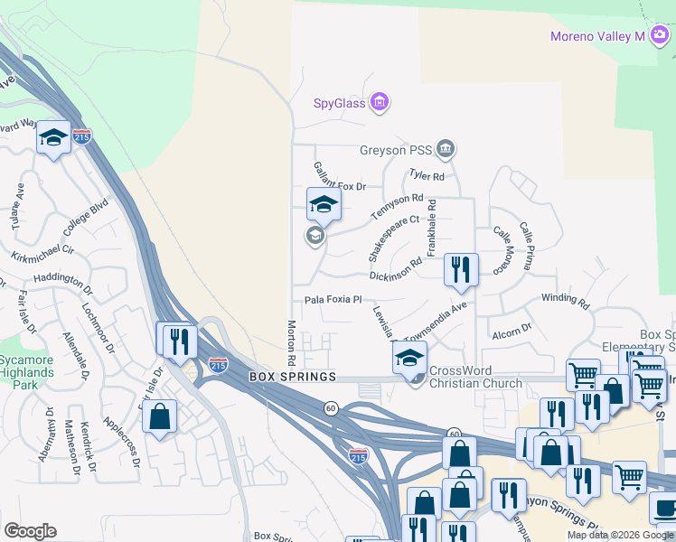 map of restaurants, bars, coffee shops, grocery stores, and more near 21138 Dickinson Road in Moreno Valley