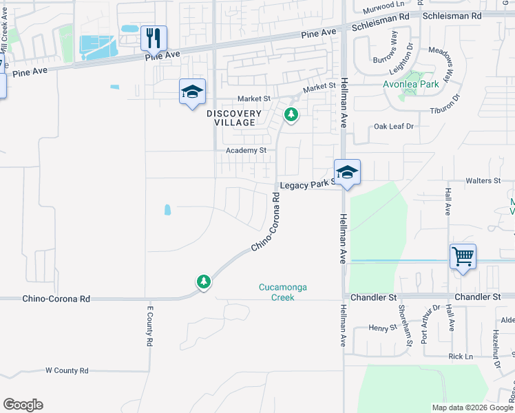 map of restaurants, bars, coffee shops, grocery stores, and more near 16685 Deergrass Avenue in Chino