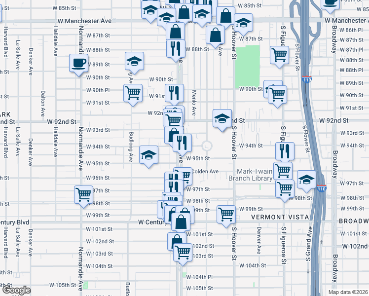 map of restaurants, bars, coffee shops, grocery stores, and more near 9400 Vermont Avenue in Los Angeles