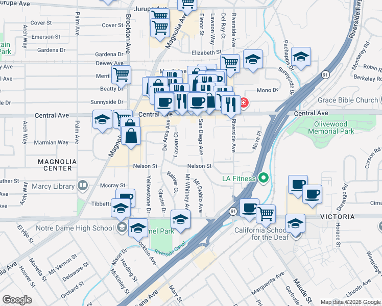 map of restaurants, bars, coffee shops, grocery stores, and more near 3585 Timothy Way in Riverside