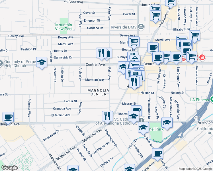 map of restaurants, bars, coffee shops, grocery stores, and more near 6739 Palm Avenue in Riverside