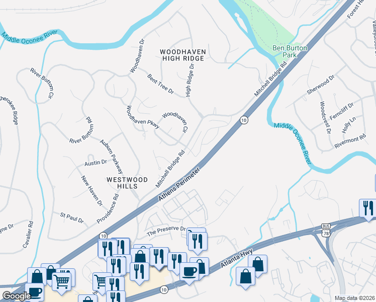 map of restaurants, bars, coffee shops, grocery stores, and more near 791 Mitchell Bridge Road in Athens