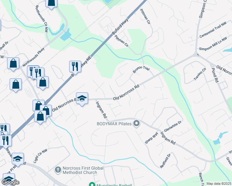 map of restaurants, bars, coffee shops, grocery stores, and more near 4973 Old Norcross Road in Duluth
