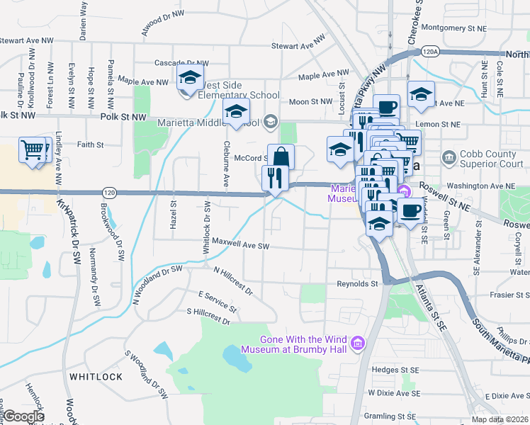 map of restaurants, bars, coffee shops, grocery stores, and more near 25 Northcutt Street Southwest in Marietta