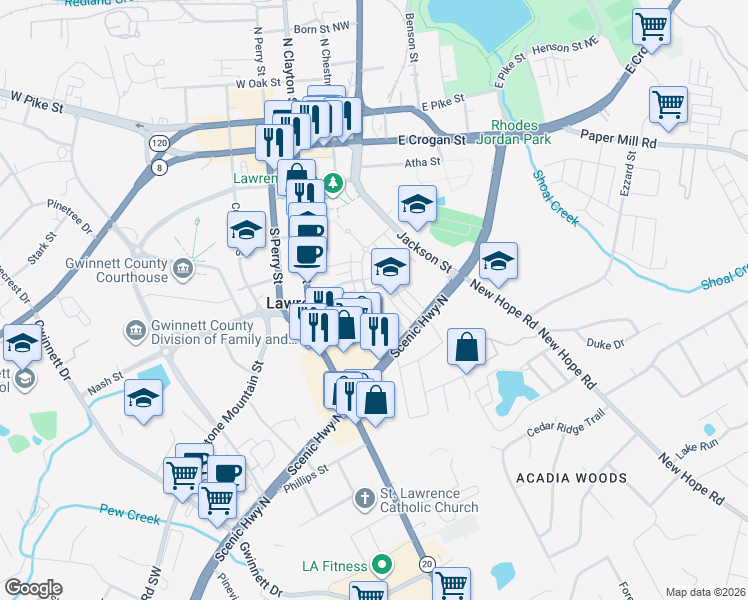 map of restaurants, bars, coffee shops, grocery stores, and more near in Lawrenceville