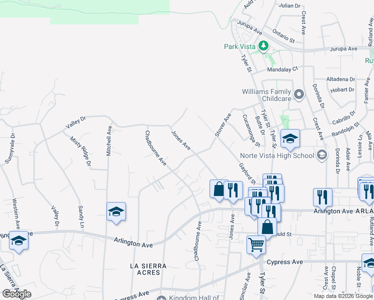 map of restaurants, bars, coffee shops, grocery stores, and more near 6834 Jones Avenue in Riverside