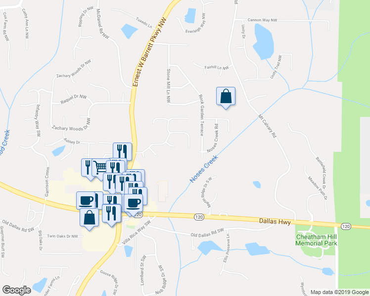 map of restaurants, bars, coffee shops, grocery stores, and more near 2369 Battle Forest Drive Southwest in Marietta