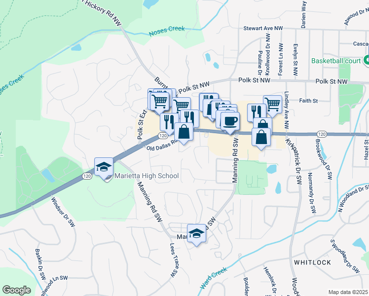 map of restaurants, bars, coffee shops, grocery stores, and more near 999 Whitlock Avenue Southwest in Marietta