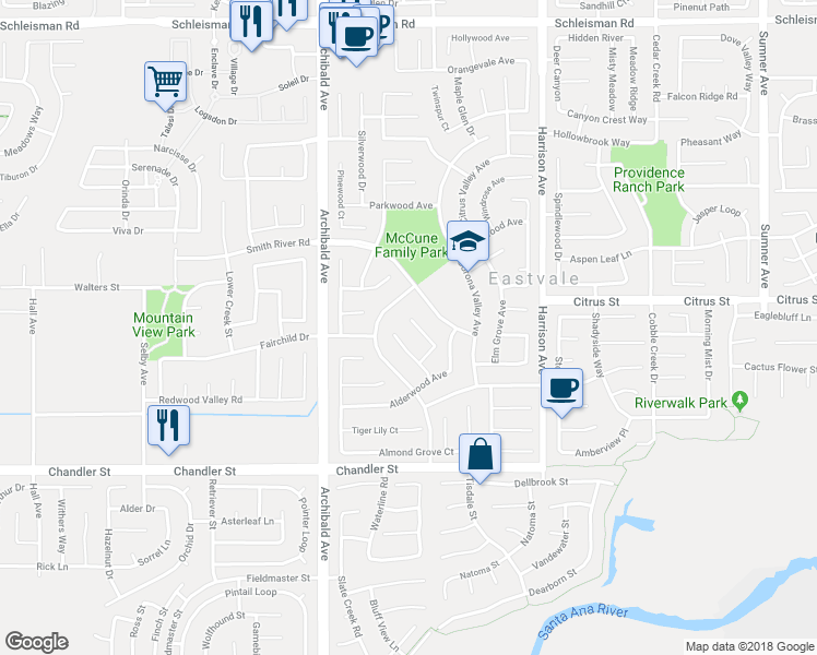map of restaurants, bars, coffee shops, grocery stores, and more near 7553 Coralwood Court in Corona