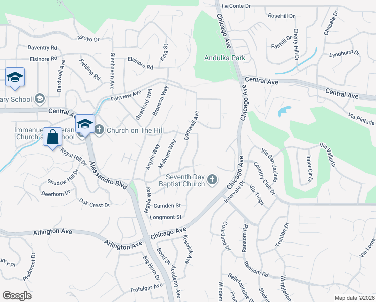 map of restaurants, bars, coffee shops, grocery stores, and more near 5532 Cornwall Avenue in Riverside