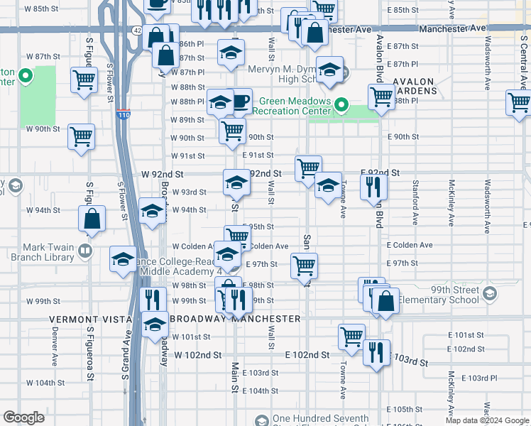 map of restaurants, bars, coffee shops, grocery stores, and more near 146 East 94th Street in Los Angeles