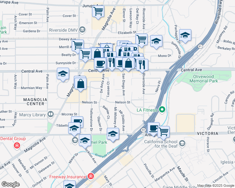 map of restaurants, bars, coffee shops, grocery stores, and more near 3585 Timothy Way in Riverside