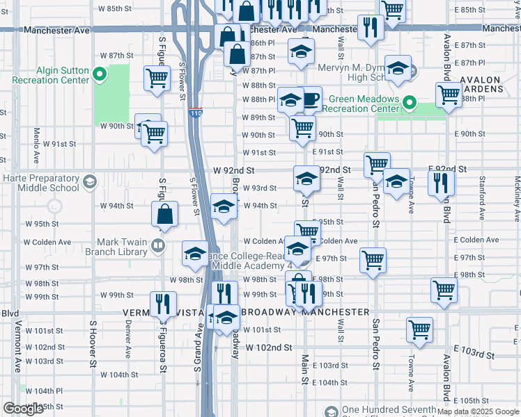 map of restaurants, bars, coffee shops, grocery stores, and more near 9413 South Spring Street in Los Angeles