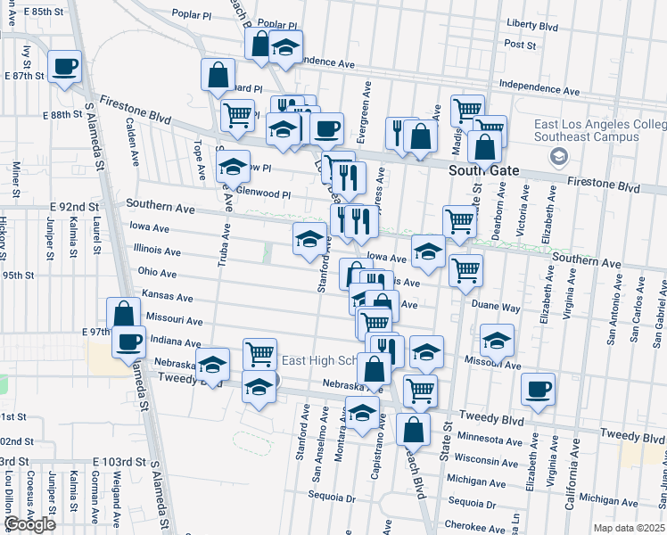 map of restaurants, bars, coffee shops, grocery stores, and more near 9324 Stanford Avenue in South Gate