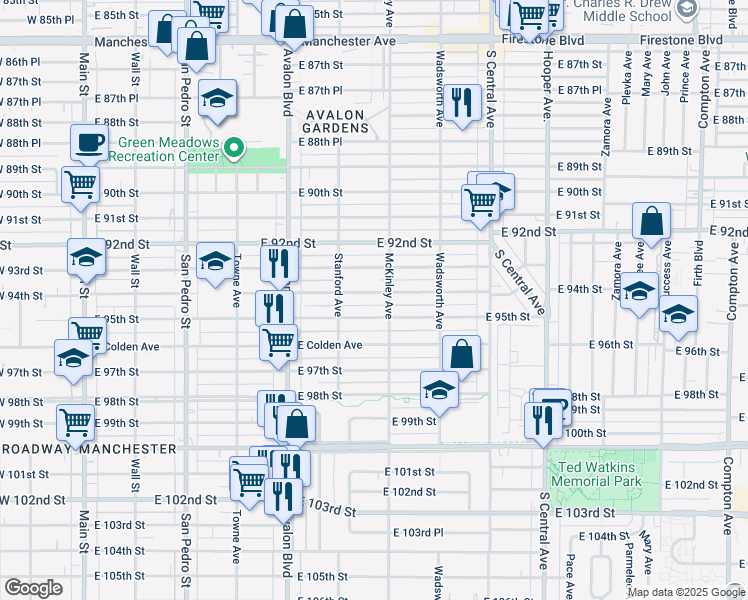map of restaurants, bars, coffee shops, grocery stores, and more near 744 East 94th Street in Los Angeles