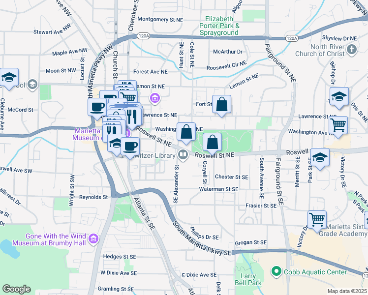 map of restaurants, bars, coffee shops, grocery stores, and more near 269 Roswell Street Northeast in Marietta
