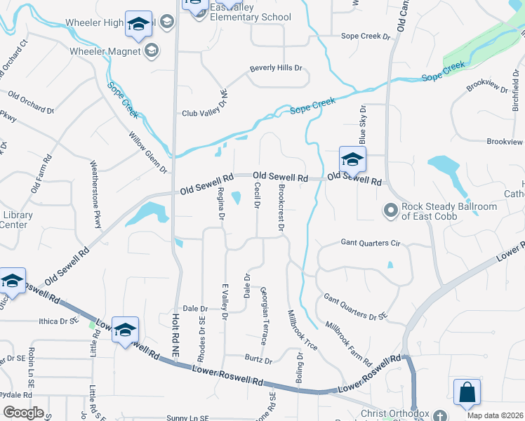 map of restaurants, bars, coffee shops, grocery stores, and more near 34 Cecil Drive in Marietta