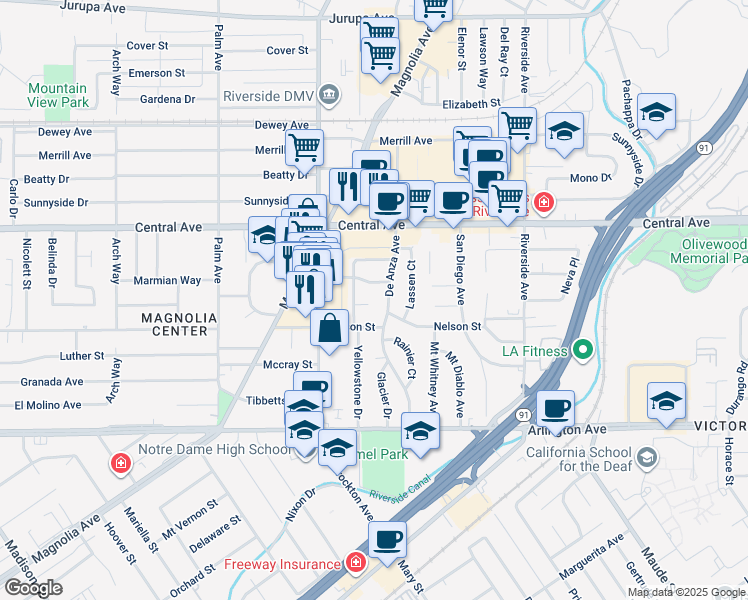 map of restaurants, bars, coffee shops, grocery stores, and more near 3707 Tahoe Court in Riverside
