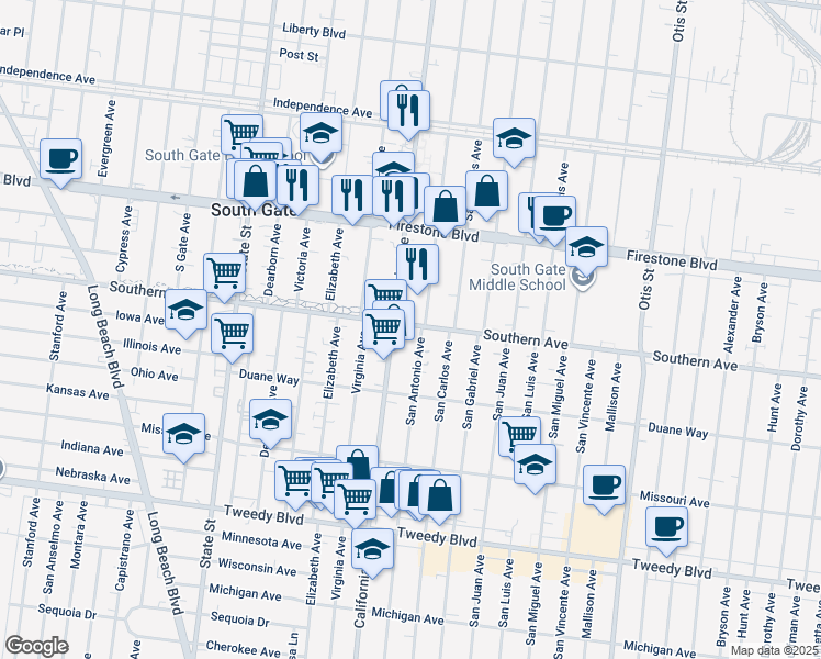 map of restaurants, bars, coffee shops, grocery stores, and more near 3522 Southern Avenue in South Gate
