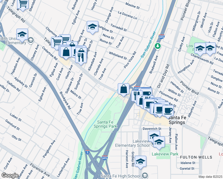 map of restaurants, bars, coffee shops, grocery stores, and more near 9920 Telegraph Road in Downey