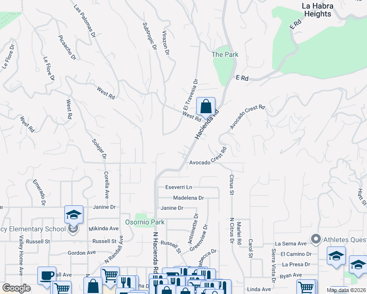 map of restaurants, bars, coffee shops, grocery stores, and more near 1435 Hacienda Road in La Habra Heights