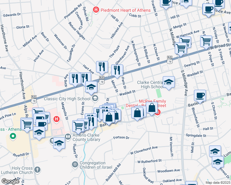 map of restaurants, bars, coffee shops, grocery stores, and more near 186 Minor Street in Athens