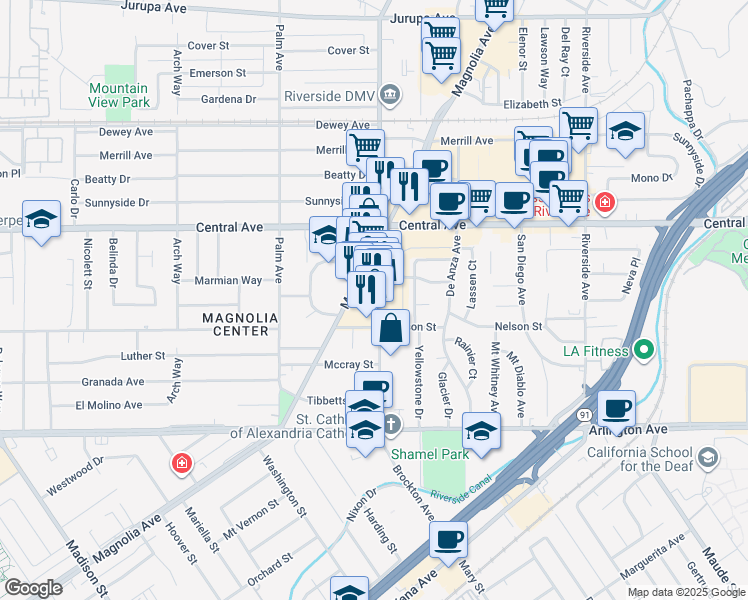 map of restaurants, bars, coffee shops, grocery stores, and more near 6734 Magnolia Avenue in Riverside