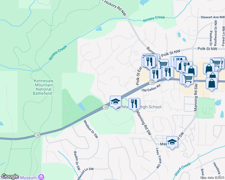 map of restaurants, bars, coffee shops, grocery stores, and more near 1166 Whitlock Avenue Northwest in Marietta