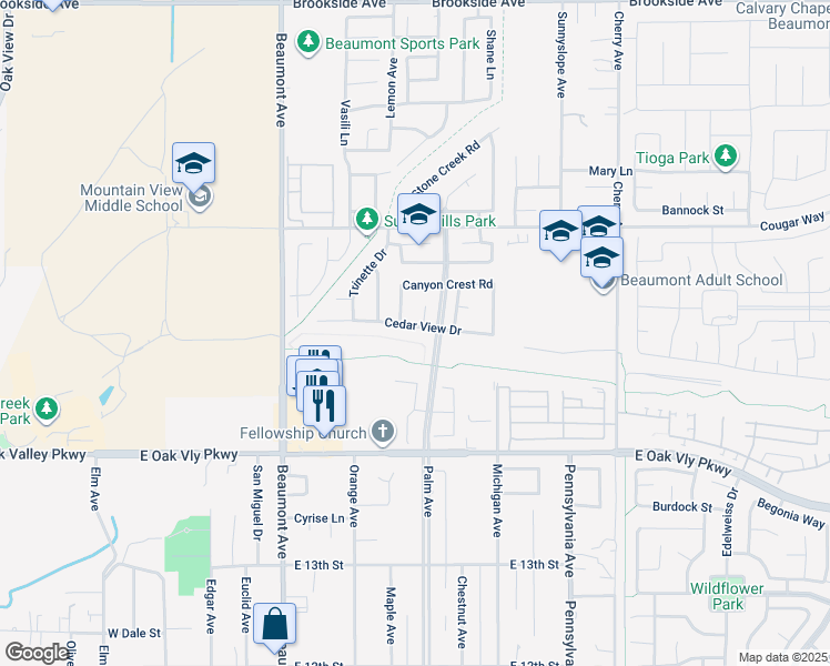 map of restaurants, bars, coffee shops, grocery stores, and more near 655 Cedar View Drive in Beaumont
