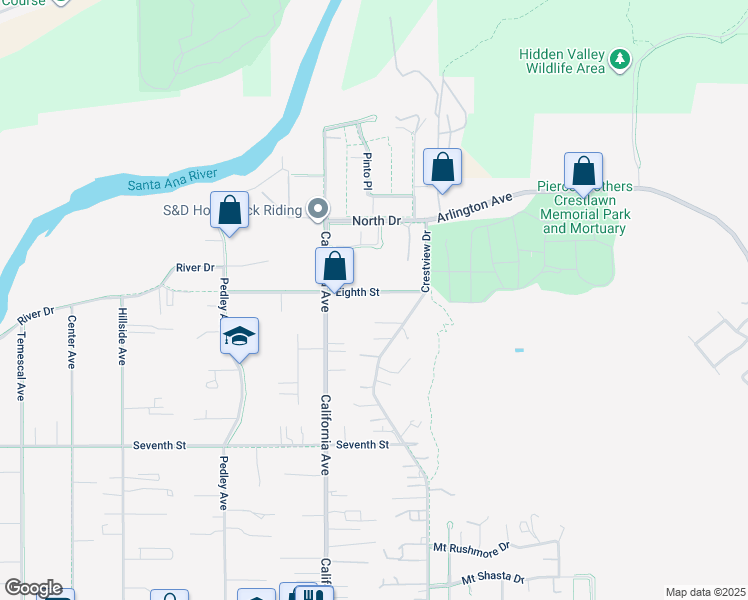 map of restaurants, bars, coffee shops, grocery stores, and more near 210 8th Street in Norco