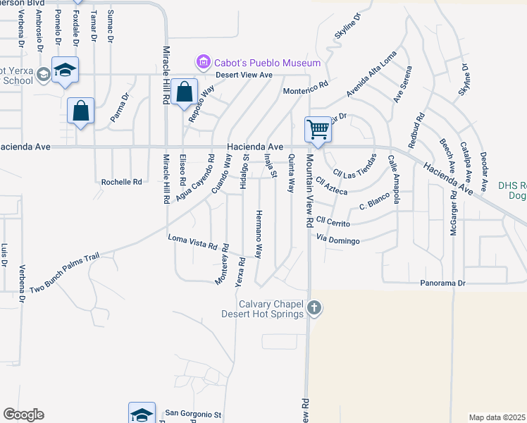 map of restaurants, bars, coffee shops, grocery stores, and more near 13488 Hermano Way in Desert Hot Springs