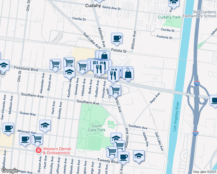 map of restaurants, bars, coffee shops, grocery stores, and more near 8940 May Court in South Gate