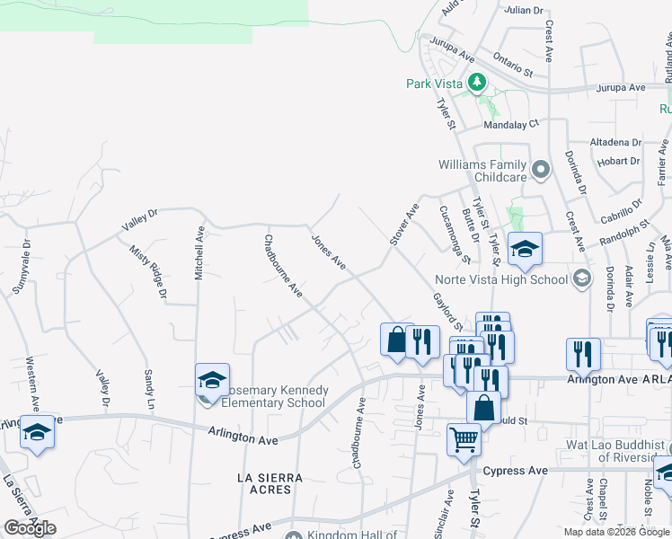 map of restaurants, bars, coffee shops, grocery stores, and more near 6834 Jones Avenue in Riverside