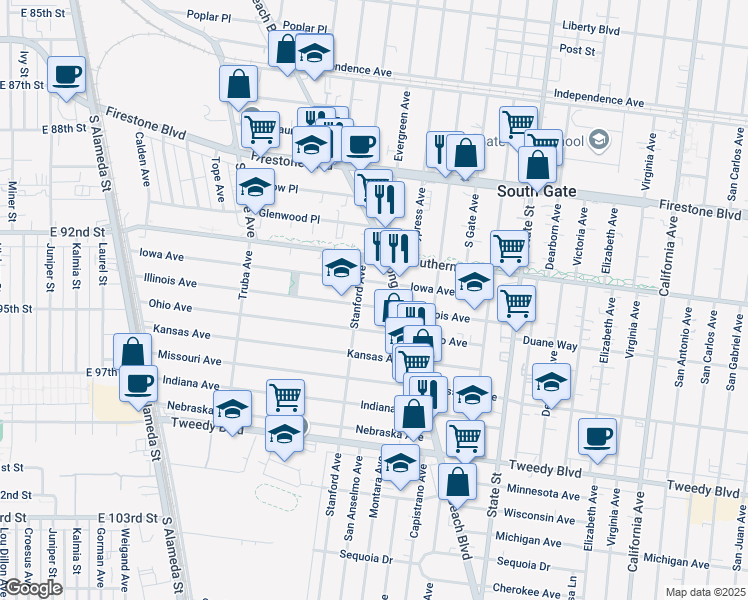 map of restaurants, bars, coffee shops, grocery stores, and more near 9324 Stanford Avenue in South Gate