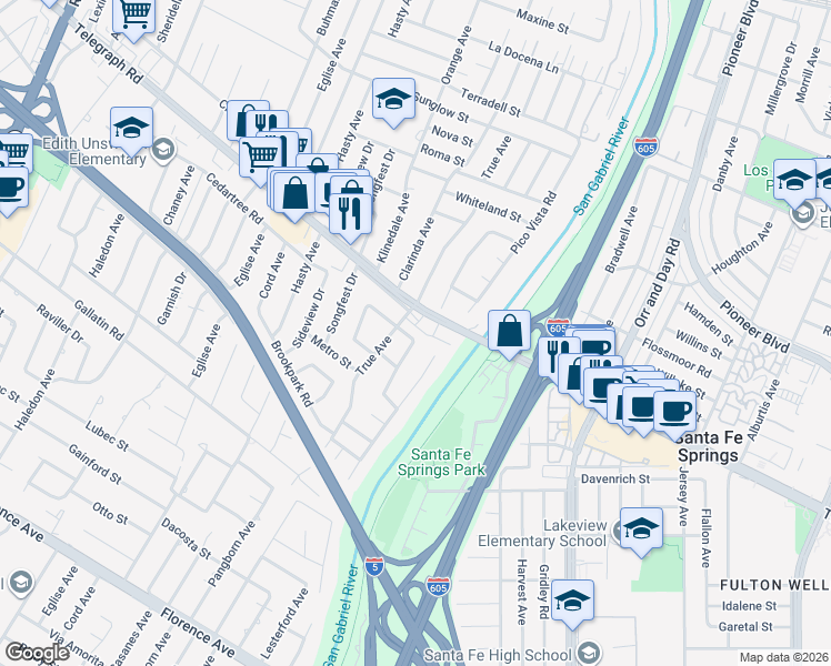 map of restaurants, bars, coffee shops, grocery stores, and more near 9719 Cedartree Rd in Downey