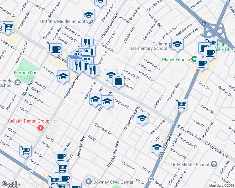 map of restaurants, bars, coffee shops, grocery stores, and more near 8326 East Florence Avenue in Downey