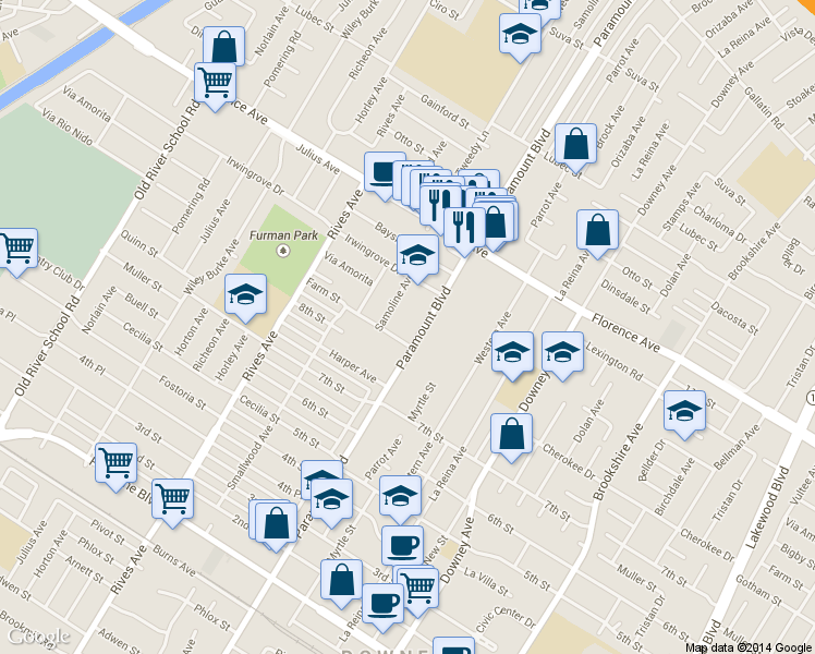 map of restaurants, bars, coffee shops, grocery stores, and more near 10335 Paramount Boulevard in Downey