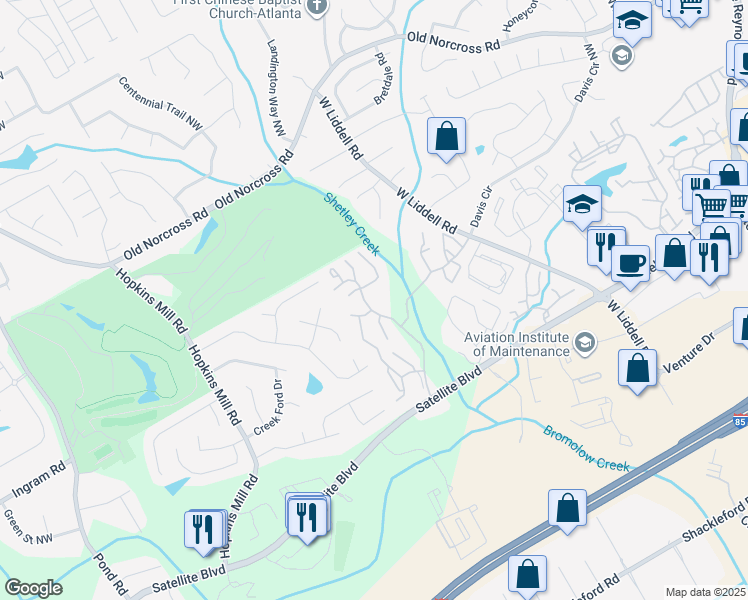 map of restaurants, bars, coffee shops, grocery stores, and more near 2112 Ridge Brook Trail in Duluth