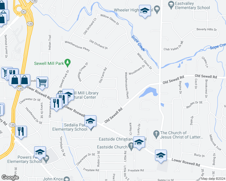 map of restaurants, bars, coffee shops, grocery stores, and more near 211 Pioneer Trail in Marietta