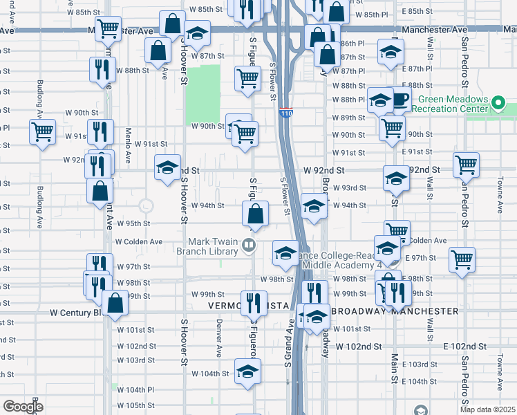 map of restaurants, bars, coffee shops, grocery stores, and more near 448 West 94th Street in Los Angeles