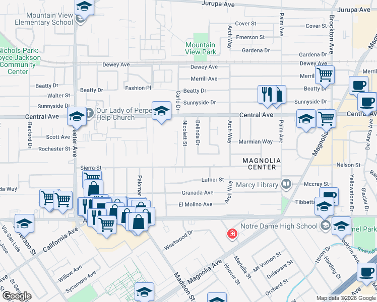map of restaurants, bars, coffee shops, grocery stores, and more near 6725 Nicolett Street in Riverside