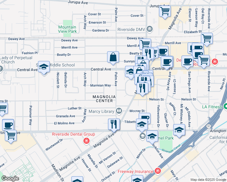 map of restaurants, bars, coffee shops, grocery stores, and more near 6739 Palm Avenue in Riverside