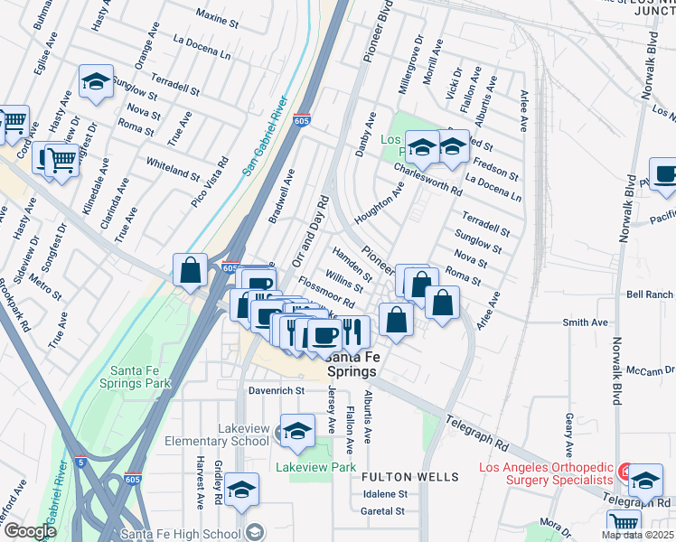 map of restaurants, bars, coffee shops, grocery stores, and more near 11527 Willins Street in Santa Fe Springs
