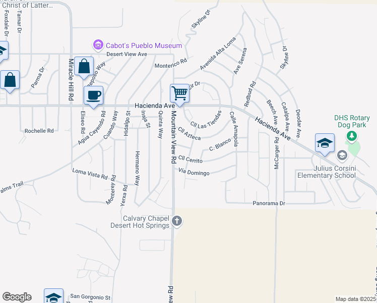 map of restaurants, bars, coffee shops, grocery stores, and more near 13396 Avenue Hermosa in Desert Hot Springs