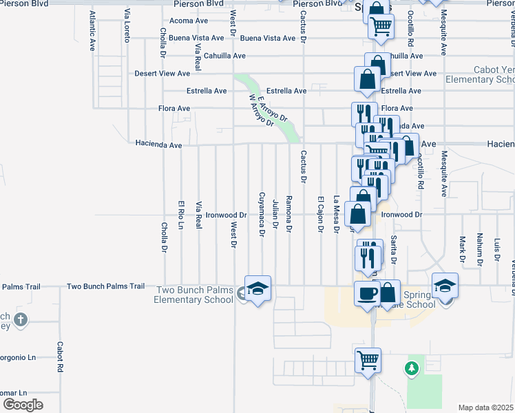 map of restaurants, bars, coffee shops, grocery stores, and more near 13470 Cuyamaca Drive in Desert Hot Springs